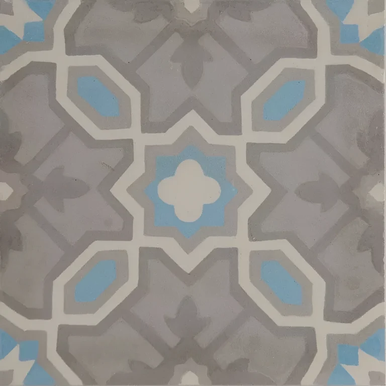 mönstrad cementplatta i grått, blått och vitt