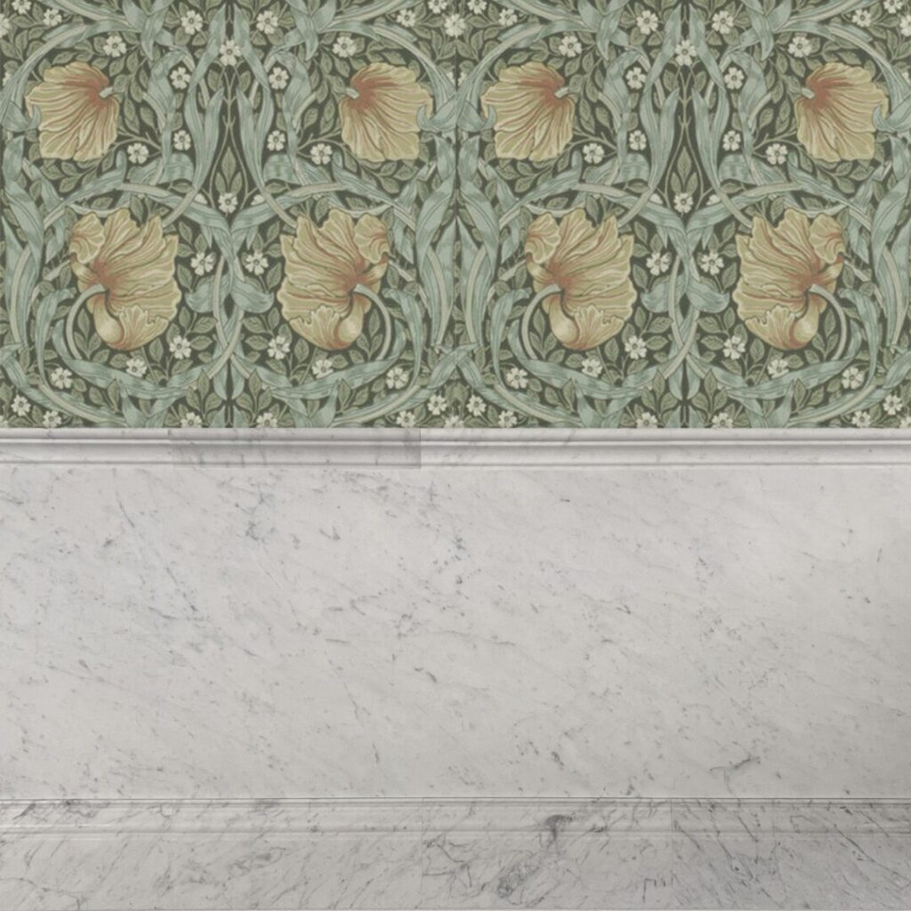 tapet med paneler i carraramarmor med bröstlist och golvlist