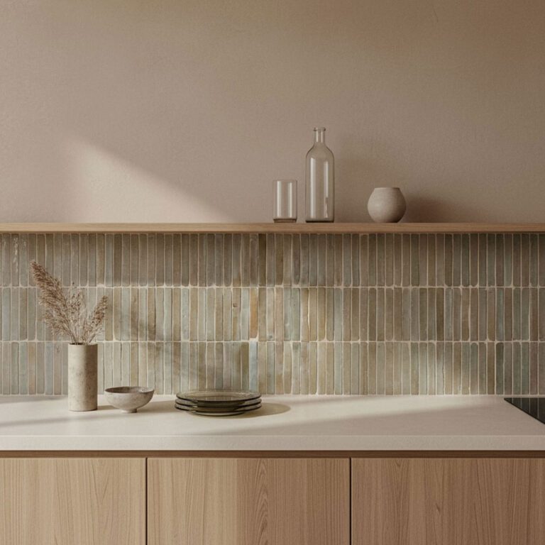 stilrent modernt japandi kök med ljusa träluckor, ljus kalkstensskiva och smala zellige-kakel i neutrala toner med skiftningar i gult, grönt och beige