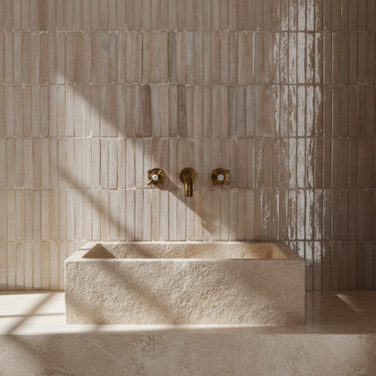 rustikt badrum med mässingkran, massiv vask i ljus kalksten och smala zellige-kakel i neutrala toner