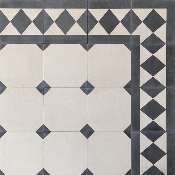 mönstrat cementgolv i svart och vitt