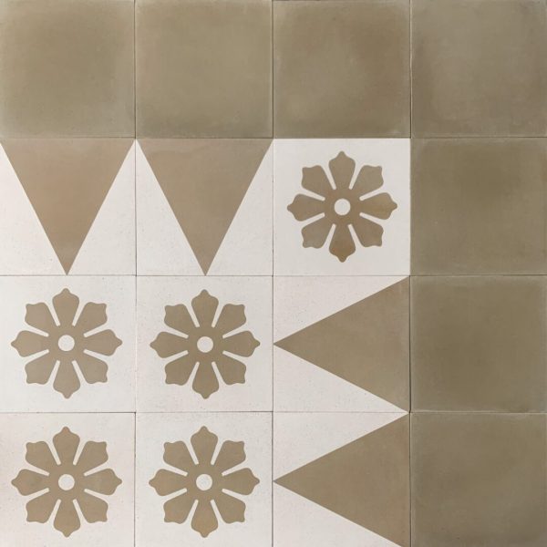 cementgolv med vit botten och olivgröna blommor och en ram av gröna cementplattor