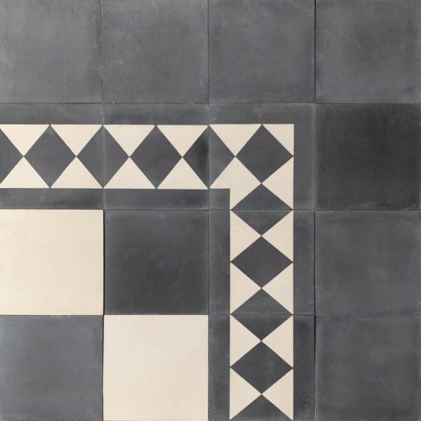 mönstrat cementgolv i svart och vitt