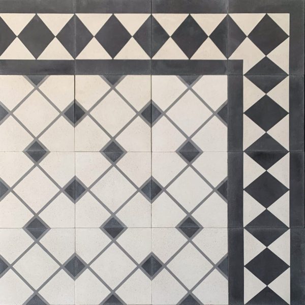 mönstrat cementgolv i svart, grått och vitt