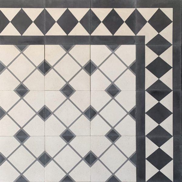 mönstrat cementgolv i svart, grått och vitt