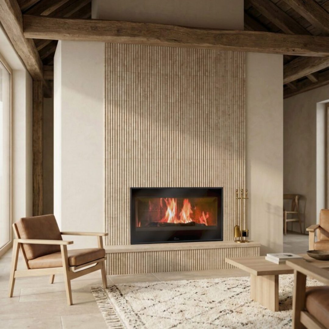 Öppen spis klädd i Fluted travertine beige. Renderingen är skapad som inspiration och visar hur man kan använda materialet för att rama in en öppen på ett stilfullt sätt.