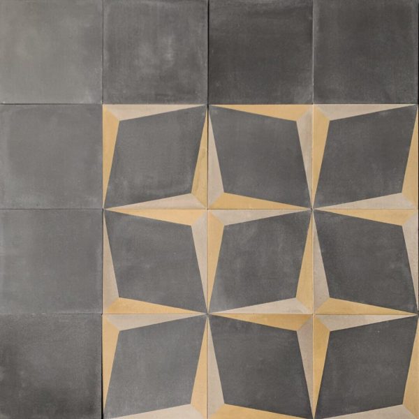 mönstrat cementgolv i form av stjärnor i svart, grått och guld