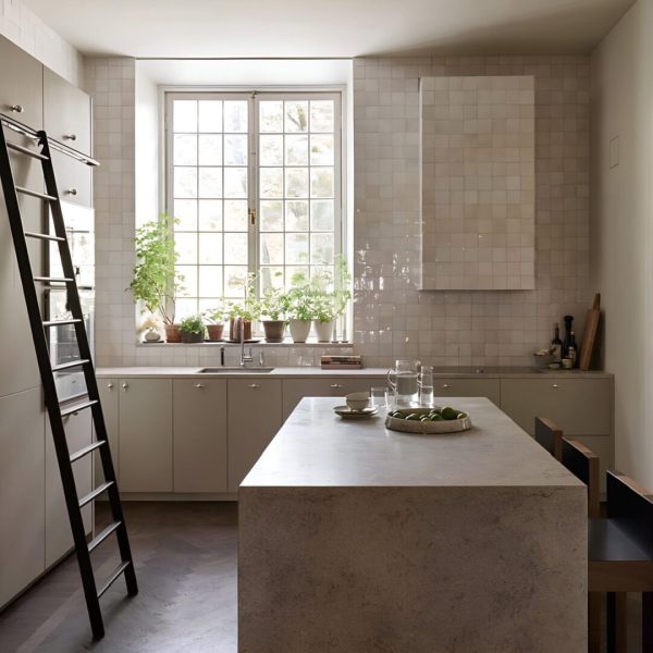 kök med vitt marockanskt zellige kakel på väggen